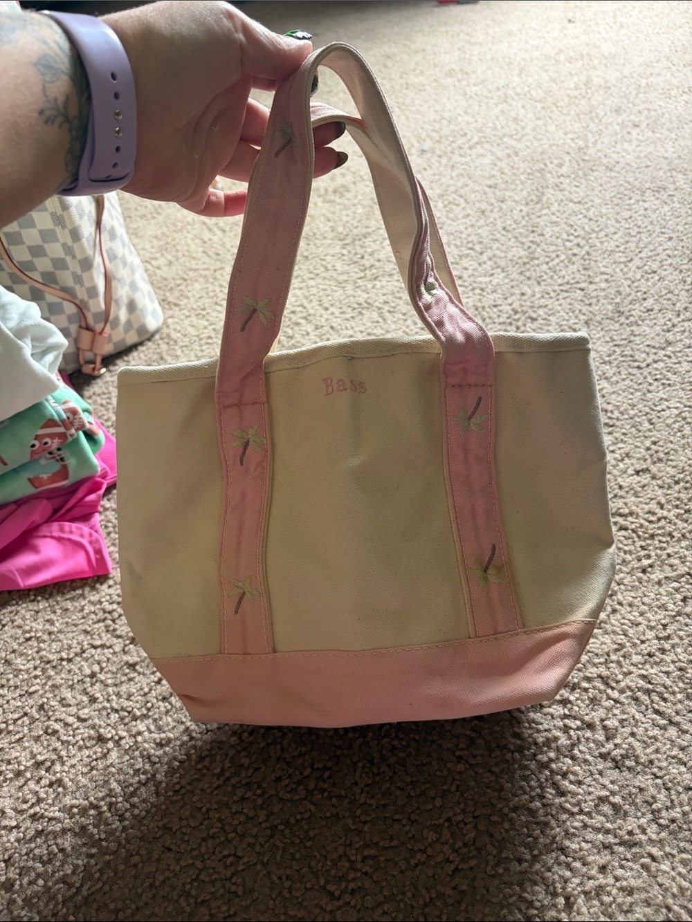 B2 Bass Cream Canvas Tote with Pink Accents and Palm Tree Embroidery, flaws